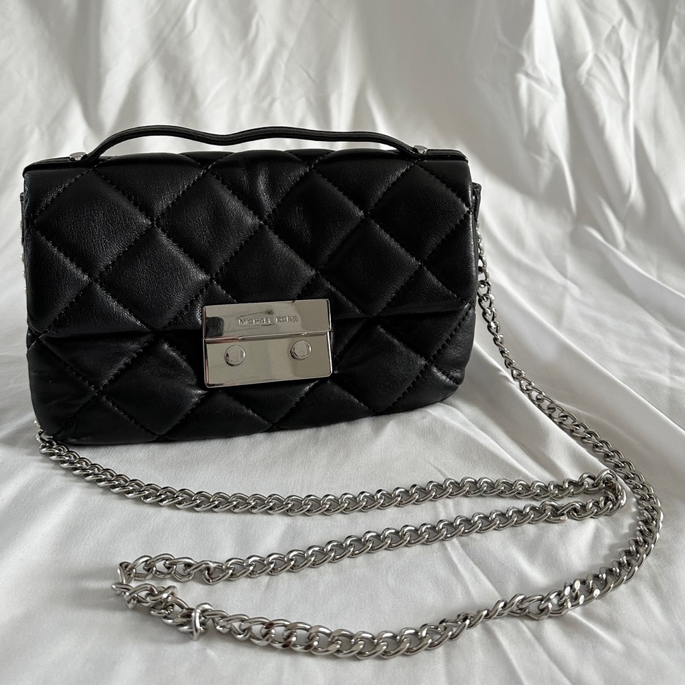 Michael Kors Black Quilted Leather Crossbody with Silver Chain